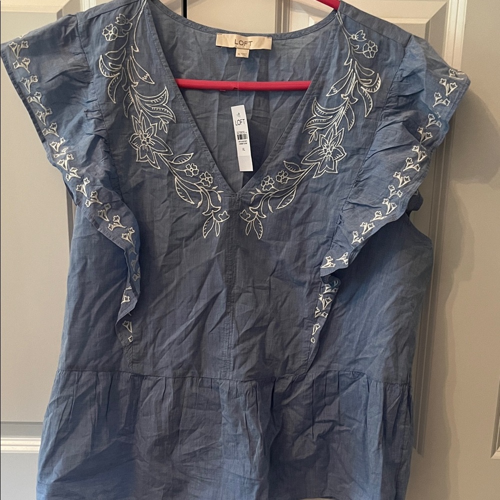 LOFT Chambray Embroidered Ruffle Sleeve Top